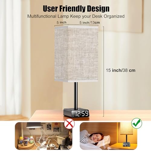 Touch Control Nightstand Light,Bedside Lamp with Alarm Clock&Charging Station - 2 Alarm Clock+ 2AC + 1USB-A + 1USB-C,Lamps with USB Ports and Outlets,3-Level Dimmable Touch Lamp