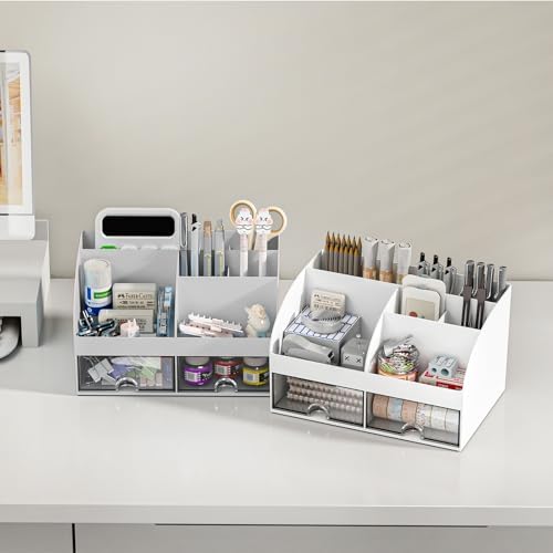 COMFYROOM Desk Organizer with 6 Compartments and 2 Drawers, Plastic Makeup Organizer, Pen Holder for Desktop Storage, Desk Organization for School, Home, Office Supplies (Grey)