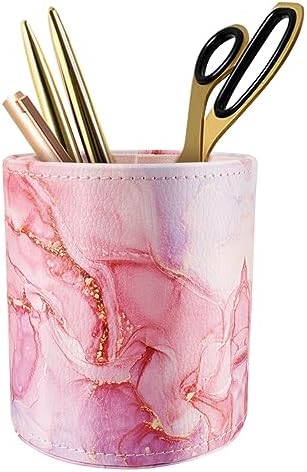 Pen Holder for Women Girls, Pencil Cup Pink Desk Decor, Makeup Brush Holder Large Pu Leather Multi-Functional Organizer Cup for Office, Classroom, Home, Red Marble