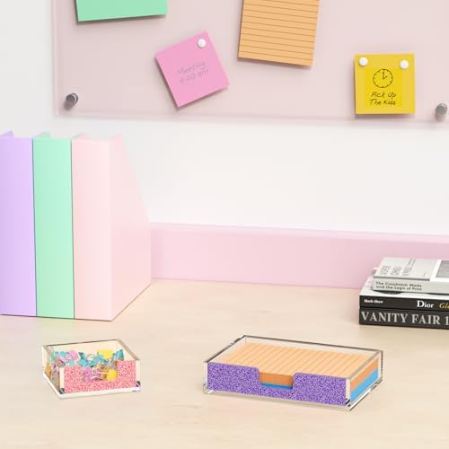 Acrylic Notepad Dispenser Organizer - 4 x 6 in Clear and Glitter Purple Sticky Note Holder W/O Pads Memo Holder for Dorm Room School Classroom Office Desk Organizer Aesthetic Supplies