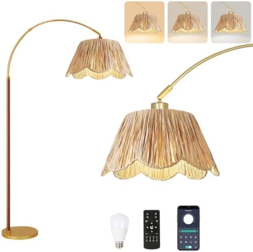 Vintage Arc Floor Lamps for Living Room Farmhouse Wood Floor Lamp with Remote Control,Dimmable Rattan Floor Lamp Boho Standing Lamp with 3 Color Temperature Wicker Tall Floor Lamp for Bedroom Corner