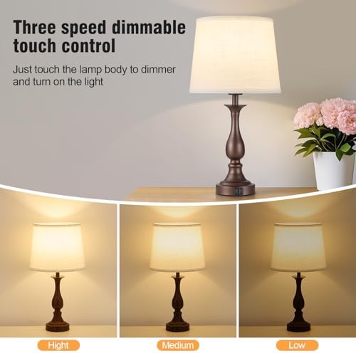 Bedside Table Lamp Touch Control Bedroom Lamps with USB A + C Charging Port 3 Way Dimmable Touch Lamps for Nightstand Living Room Bedroom Dorm Home Office Reading, Set of 2 (White Shade & Brown Base)