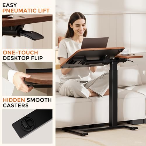 COMHOMA Tiltable Mobile Small Standing Desk, Pneumatic Adjustable Height Overbed Bedside Table with Wheels, Sit Stand Portable Rolling Laptop Desk Computer Workstations, Walnut