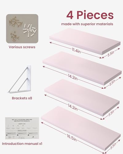 BAYKA Wall Mounted Floating Shelves (Pastel Pink, Set of 4, 16" Mixed)