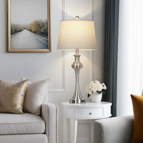 28.75" Silver Table Lamps for Living Room,Touch Lamps for Bedrooms Bedside Lamp 3-Way Dimmable Touch Control, Modern Silver Nightstand Lamp Fabric Shade Mid Century Accent Style（Bulb Inclued）