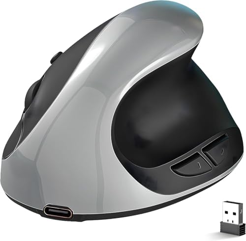 Ergonomic Mouse,Rechargeable Small Vertical Mouse with 6 Buttons Adjustable 800/1200/1600 DPI Purple Wireless Mouse for Laptop, Desktop, PC, MacBook (Gray)