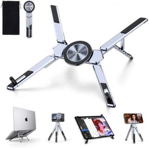 4-in-1 Adjustable Laptop Stand for desk with Magnetic Phone Holder & Camera Tripod, Foldable Aluminum Stand for Laptop, Tablet, Camera, Portable Ergonomic Desk Setup for Travel & Remote Work(Gun Gray)