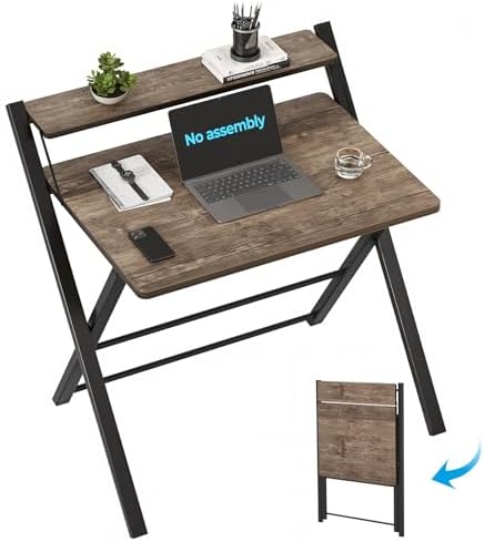 GreenForest No Assembly Folding Desk, 2-Tier Compact Computer Desk with Shelf, 30 inch Space Saving Foldable Table for Home Office, Dorm or Apartment, Portable Collapsible Sturdy Laptop Desk, Brown