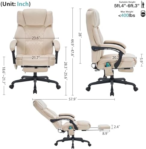 Massage Office Chair with Foot Rest 6 Points Vibration and Heat Home Office Desk Chairs for Heavy People 400lbs Reclining Managerial Chairs Ergonomic Executive Chair (Beige)