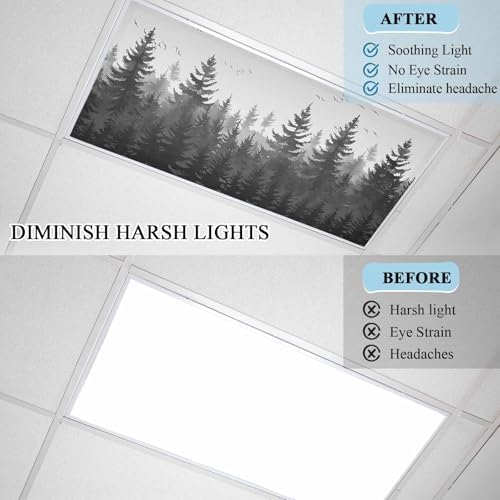 Forest Magnetic Fluorescent Light Covers for Ceiling Lights 2 x 4 Feet, Rustic Grey Foggy Pine Tree Anmal Birds Office Classroom Kitchen Drop Ceiling Light Covers Lighting Filters Shade Panel 4 Packs