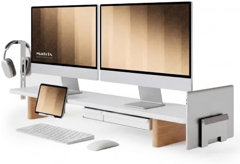Fenge Modular Dual Monitor Stand Riser with Solid Ash Wood Leg, 42.5" White