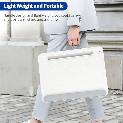 Besign LT08 Laptop Stand, Portable Lap Desk with Pillow Cushion, Fits up to 14 inch Laptop, with Anti-Slip Strip for Desk, Sofa & Bed, White and Gray