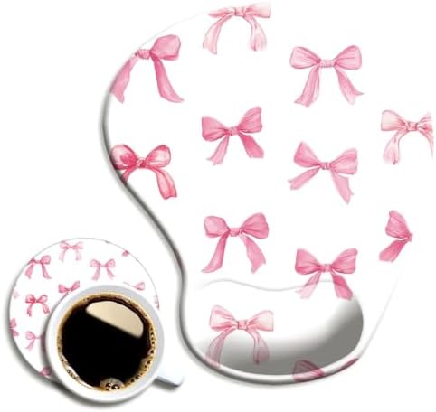 Ergonomic Mouse Pad with Wrist Support,Cute Mouse Pad with Wrist Rest and Coaster Set,Office Supplies Non-Slip Mouse Pads for Desk, Non-Slip Comfortable,Pink Bow
