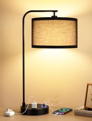 20.7" Tall Table Lamp with USB & Outlet, Fully Dimmable Nightstand Lamp