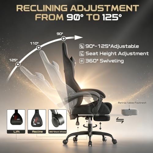 Ferghana Velvet Ergonomic Gaming Chair for Adults, Reclining Racing Computer Desk Chair with Footrest & Massage Lumbar Cushion, Comfortable Home Office Video Game Chair, Black