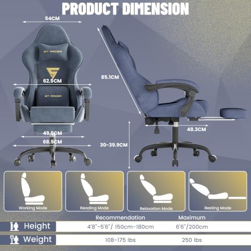 Ferghana Ergonomic Velvet Gaming Chair with Massage, Footrest & Reclining High Back, Racing Style Computer Desk Chair for Adults, Home Office Use, Grey