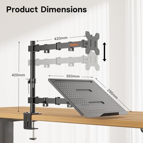 Redbat Monitor and Laptop Mount Stand, Fully Adjustable Monitor Arm with Vented Tray for 13" to 32" LCD Screens and Notebook up to 16", Holds up to 22lbs, VESA Compatible, Dual Mounting Options