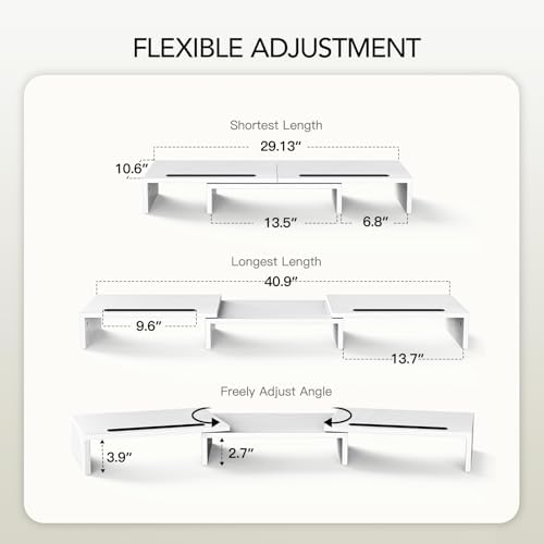 AMERIERGO Dual Monitor Stand Riser- 3 Shelf Screen Stand with Adjustable Length and Angle, 2 Extra Functional Slot Desktop Organizer Stand for PC, Computer, Laptop (White)