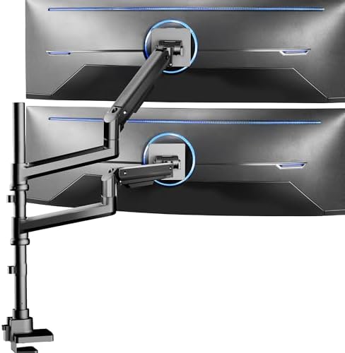 VIVO Pneumatic Arm Dual Ultrawide Monitor Extra Tall Desk Mount for Up to 49 inch Screens, Heavy Duty Clamp, Holds 2 Ultra Wides Up to 44 lbs, Black, STAND-V120K