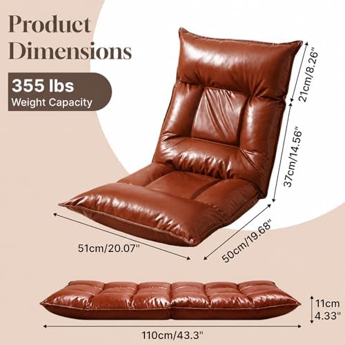 Floor Chair with Back Support, 42-Position Adjustable Gaming Chair for Adults, Faux Leather Floor Lounger, Reading Chairs with Neck Support, Foldable Floor Seat for Sleeping, Gaming (Brown)