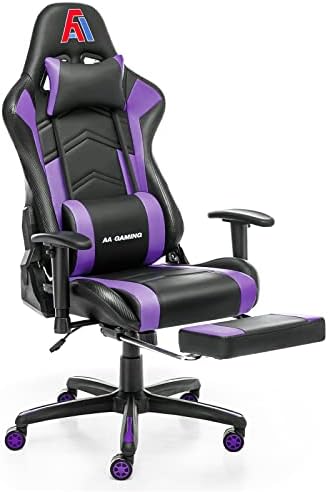 AA Products High Back Ergonomic Gaming Chair with Footrest, Lumbar Support, Swivel, Adjustable for Gamers - Black/Purple