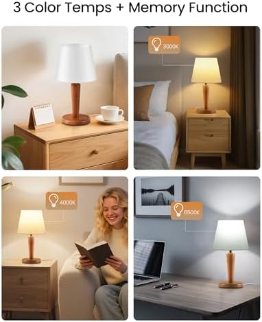 12" Wood Bedside Table Lamps Set of 2, Small Desk Lamps for Small Places, 3 Color Temperatures with Memory, White Linen Shade & E26 Bulbs, for Bedroom Living Room Office LW13TLP205