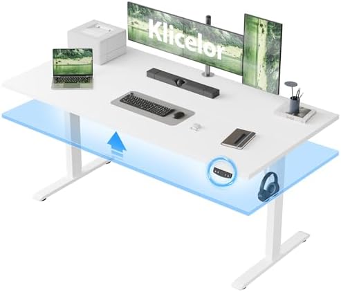 Klicelor 60 Inch Large Electric Standing Desk, Height Adjustable Office Desk, Sit Stand Up Computer Gaming Desk with Memory Preset, Two-Piece Desktop, White