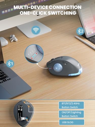 Wireless Trackball Mouse, Adjustable Angle Rechargeable, Backlit-Gray Mouse