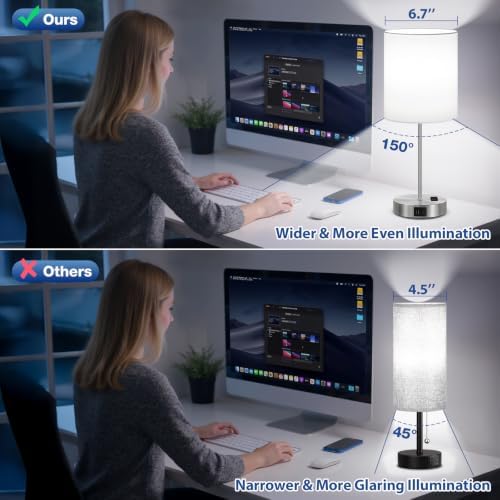 17.6" Silver Touch Lamps for Bedroom Set of 2, Dimmable, USB C+A, AC Outlet
