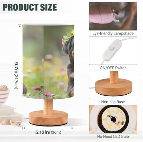 Bedside Lamp Rottweiler Dog Puppy Table Lamp for Bedroom LED Nightstand Lamp Shade USB Ports Wood Base for Living Room Dorm Office