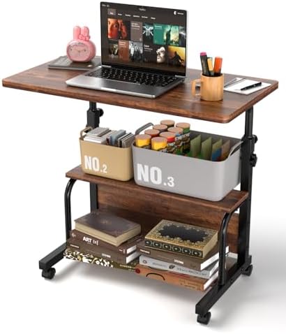 QZMDSM Portable Rolling Desk on Wheels Adjustable Height Desks for Small Spaces, 32" Computer Desk Drafting Tables with Storage Shelves for Home Office Rustic