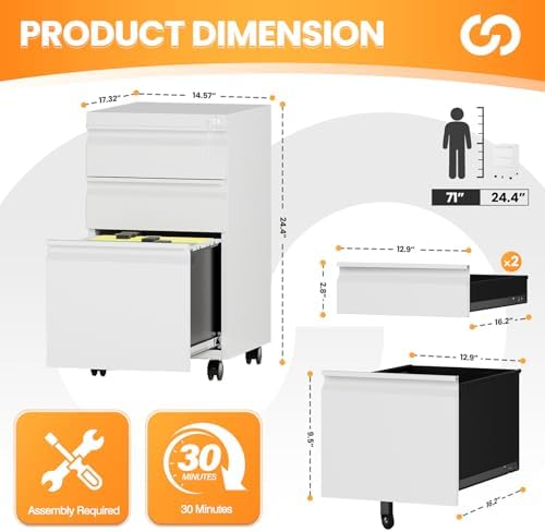3 Drawer File Cabinet, Fully Assembled Mobile File Cabinets with Lock for Home Office, Metal Rolling Filing Caninet on Wheels, Three Drawer Under Desk Cabnet for Letter/Legal / A4 - White