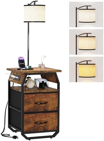 runjuly Floor Lamp with Table, End Table with Light and Charging, Rustic