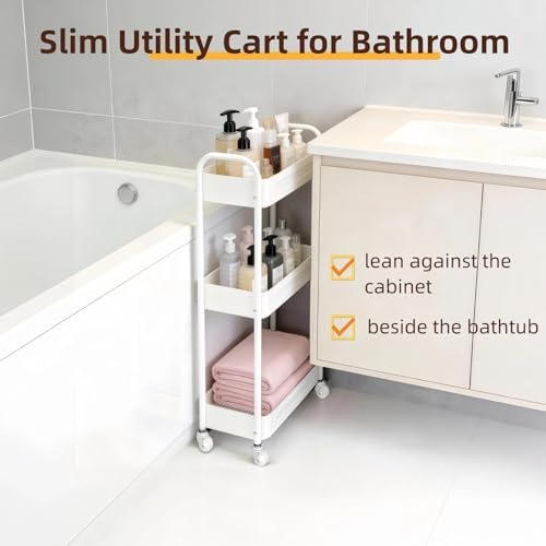 3 Tier Narrow Rolling Storage Cart for Laundry Room Bathroom Kitchen, 7.1'' Slim Utility Cart with Wheels and Lockable Casters Standing Shelf for Small Space & Between Washer and Dryer, White