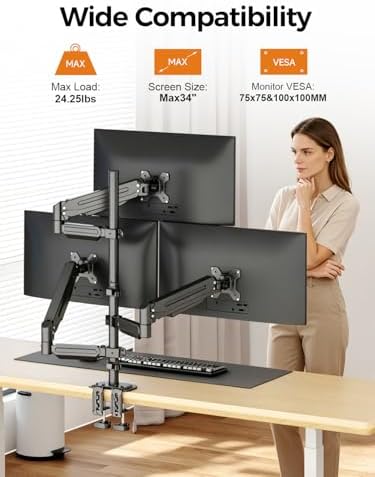 Bracwiser Triple Monitor Mount for Max 34" Screens, up to 24.25lbs Each, Full Adjustable 3 Monitor Desk Stand, Three Gas Spring Arm with Tilt Swivel Rotation, VESA 75x75/100x100mm, Black, MDX883B