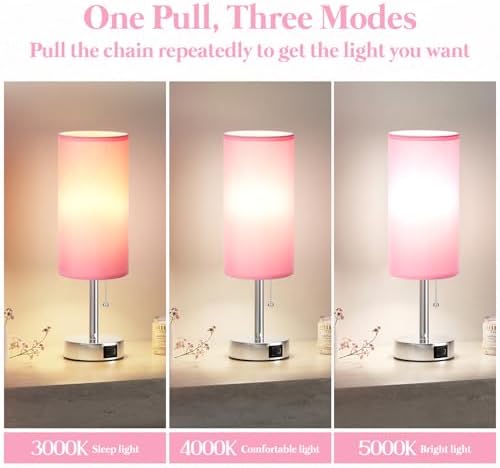 Pink Bedside Table Lamp for Bedroom - Small Nightstand Lamp for Girls