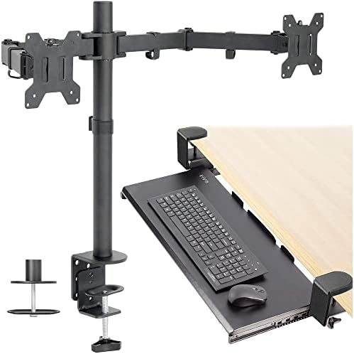 VIVO Dual 13 to 27 inch LCD Monitor Mount and Under Desk C-clamp 27 x 11 Keyboard Tray Kit, Heavy Duty, Fully Adjustable Stand and Slide-Out Platform (Bundle)