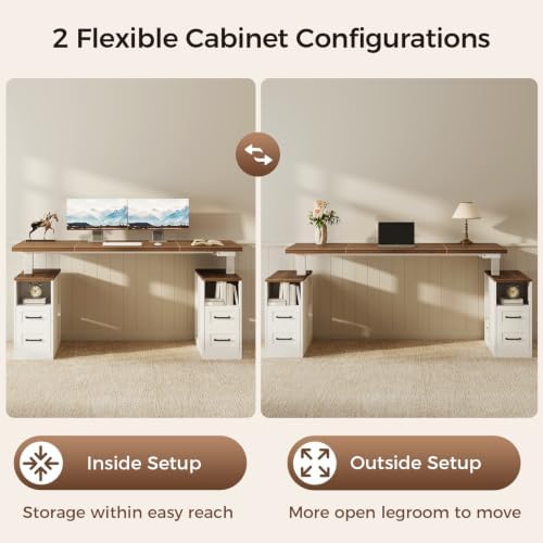 OffiGo 55 Inch Farmhouse Standing Desk with Storage Drawers, Walnut White