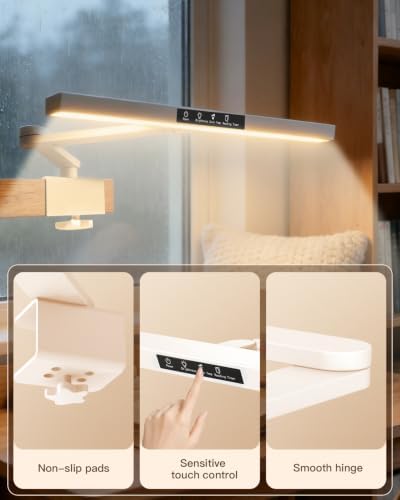 LED Desk Lamp, 23.6 Inch Extra Wide Clamp Light, 18W 1200LM Dimmable with 3 Color Modes, Eye-Caring Space-Saving Task Lamp for Home Office, Study,Reading