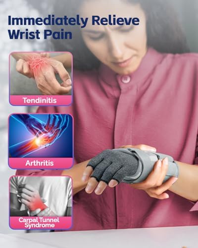 FEATOL Compression Arthritis Glove with Wrist Brace, Comfortable Fingerless Carpal Tunnel Hand Gloves for Women Night Support, Pain Relief for Rheumatoid Arthritis, Work, Typing - Right Hand, Medium