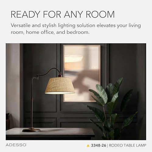 Adesso Antique Bronze Table Lamp with Burlap Shade - 180 Degree Adjustable Arm, Versatile Bedside Table, Living Room, or Desk Lamp, 27” Tall