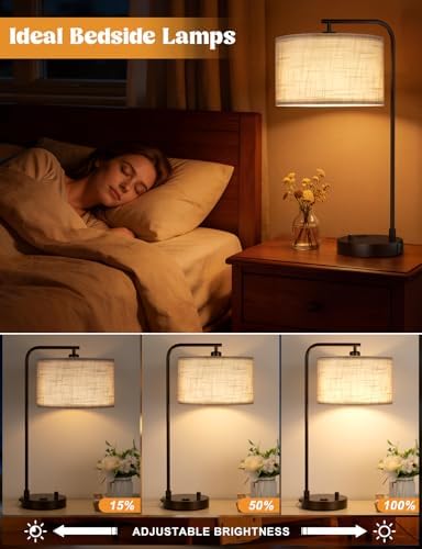 20.7" Tall Table Lamp with USB & Outlet, Fully Dimmable Nightstand Lamp