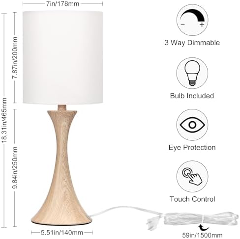 Dimmable Wood Grain Metal Table Lamp, 3 Way Touch Lamp with White Shade