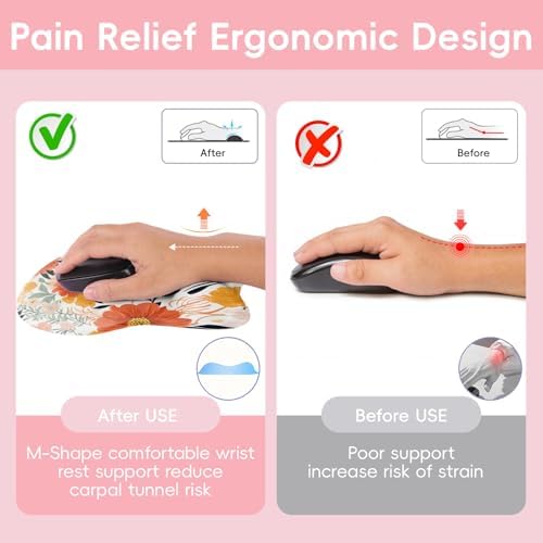 Wrist Support Mouse Pad Anti Slip Rubber Wrist Rest Mousepad 9in X 8in Small Desktop Notebook Mouse Mat for Working and Gaming (M-Orange Floral)