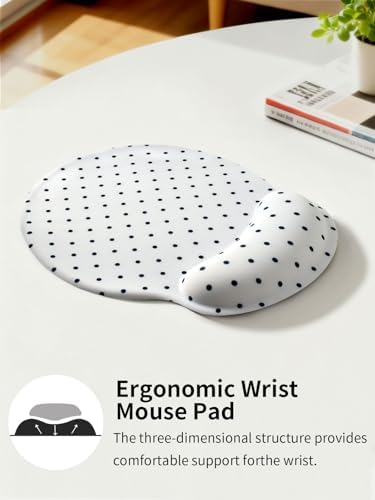 Seorsok Cute Black Polka Dot Mouse Pad with Gel Wrist Support Mouse Pad,Ergonomic Aesthetic,Comfortable Mousepad for Office Game Work Computer,Pain Relief Mousepad with Non-Slip Silicone Base,White