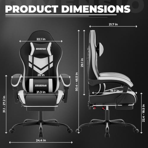 Gaming Chair with Footrest & Massage Lumbar Support, PU Leather Ergonomic High Back Swivel Height Adjustable Chair for Adults, Office Gaming, 300 lbs (Black White)