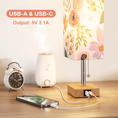 aooshine Flower Small Table Lamp for Bedroom - 3 Color Temperature 3000K 5000K 4000K Bedside Lamp, Pull Chain Control, USB A and C Ports, Bulb Included