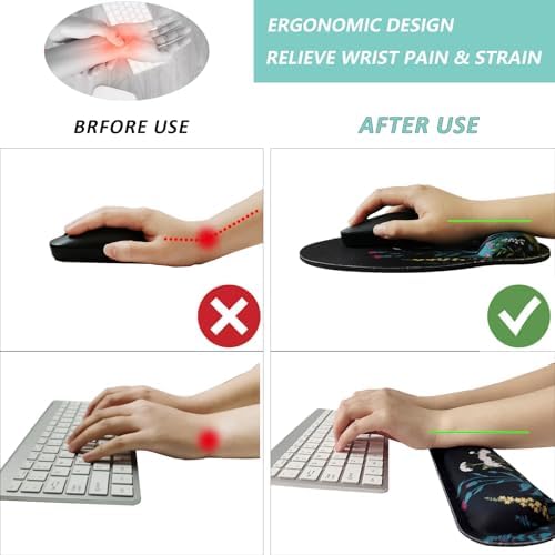 Keyboard Wrist Rest Pad Mouse Pad with Wrist Support Set of 3, Mousepad with Non-Slip Rubber Base, Ergonomic Memory Foam Mouse Wrist Cushion Support for Home Office Laptop Computer, Flowers Grass