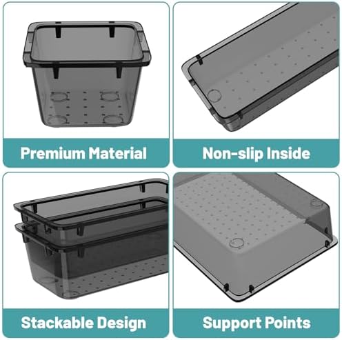 WOWBOX 8 PCS Clear Plastic Drawer Organizer Set, 4 Sizes Desk Drawer Organization and Storage Containers for Makeup, Cosmetics, Jewelry and Gadgets in Kitchen, Bathroom, Bedroom, Office, Clear Black