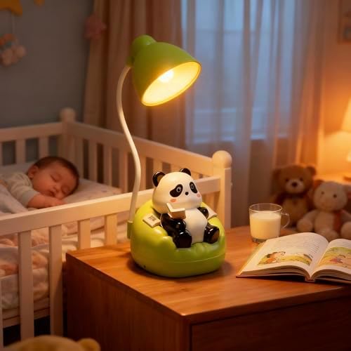 Cute Panda Night Light with Phone Stand & Storage, Rechargeable Bedside Lamp, 3-Level Touch Control Adjustable, LED Desk Lamp with USB for Bedroom Study Room, Boys Girls Gift (Green)
